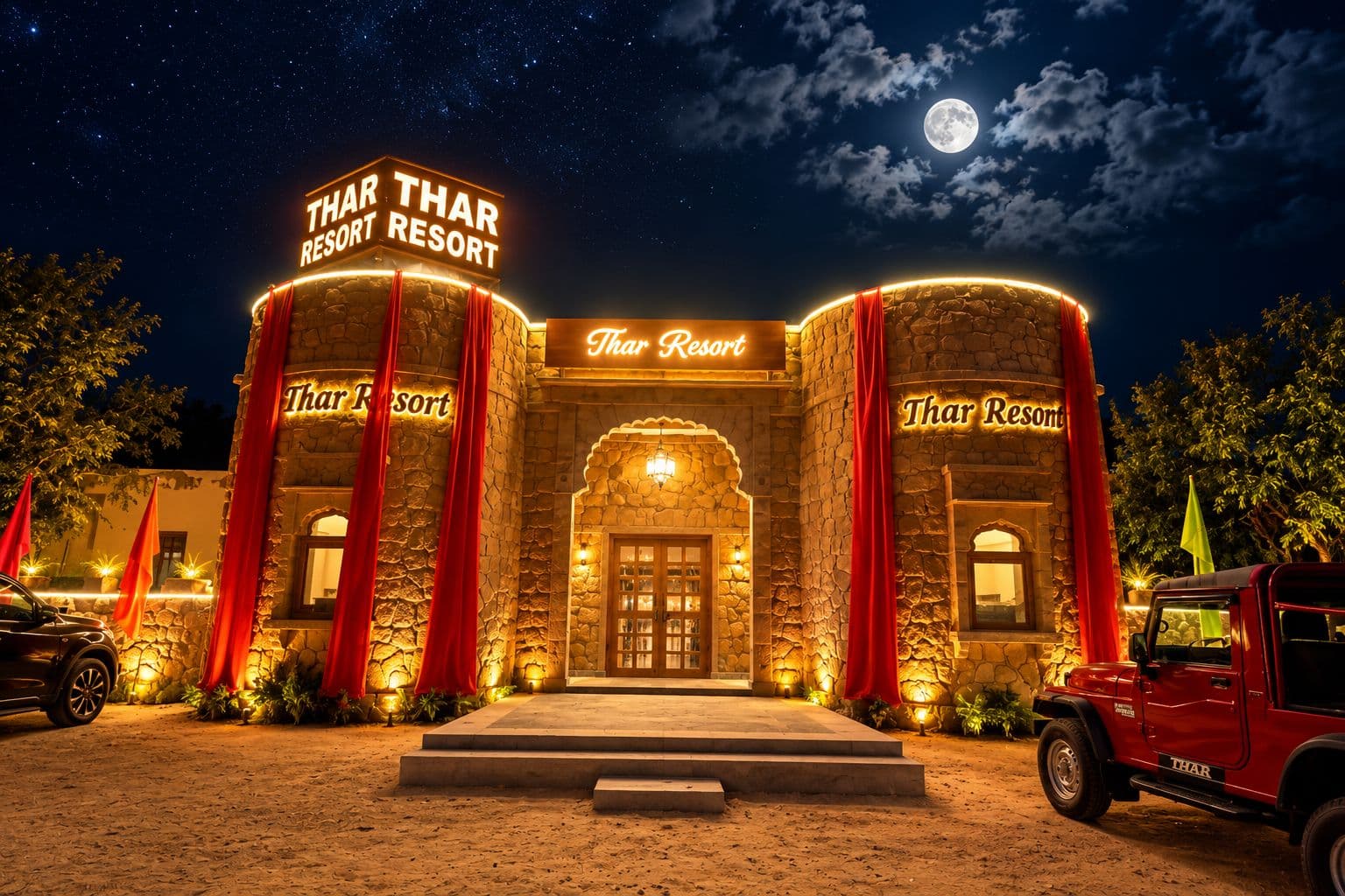 Thar Resort entrance at night, Sam Sand Dunes