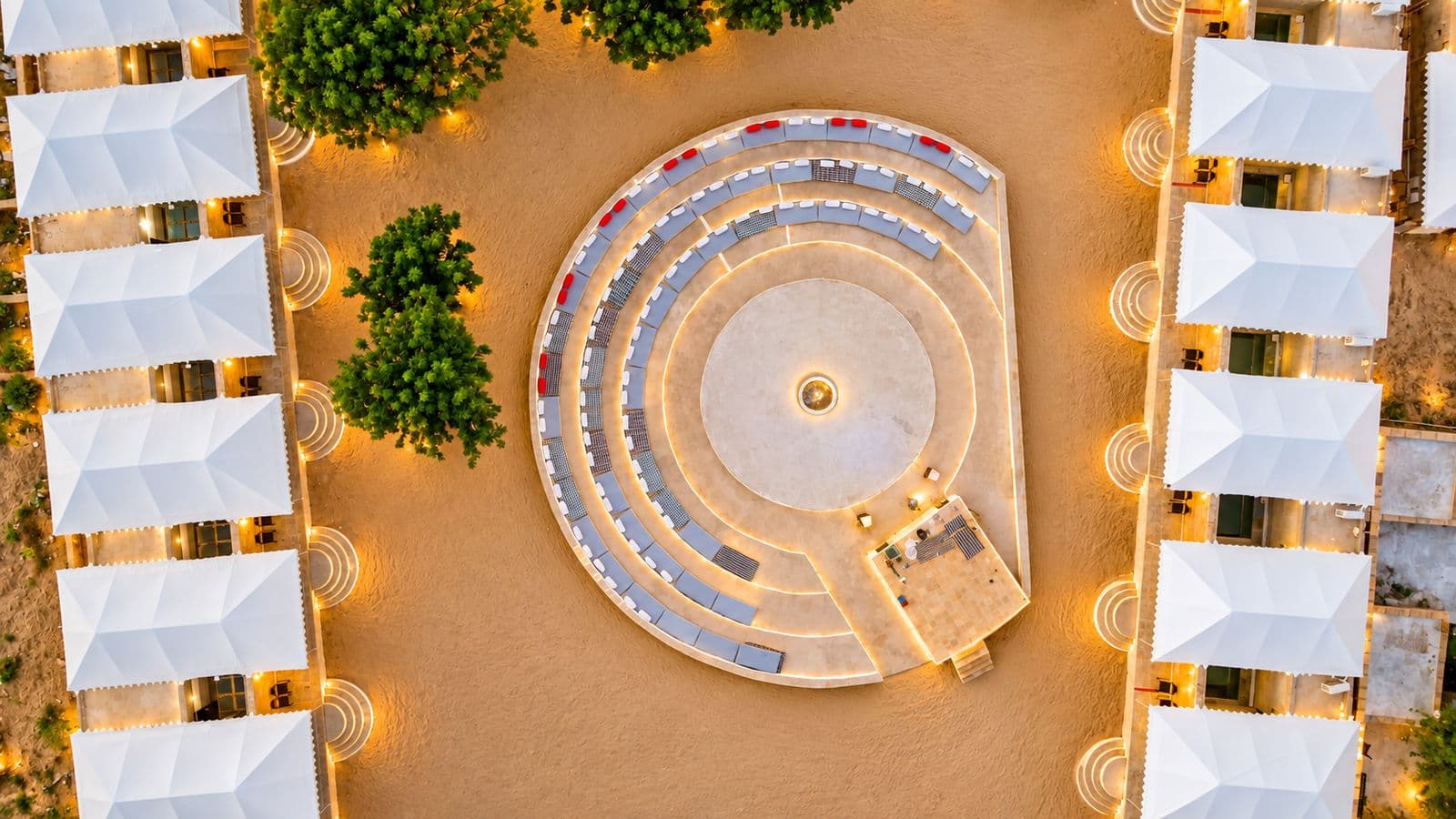 Aerial view of Swiss tents and amphitheatre, Thar Resort